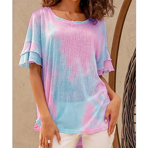 

Women's T shirt Tie Dye Round Neck Tops Basic Top Purple Yellow Blushing Pink