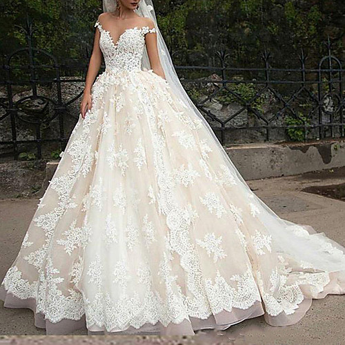 

Ball Gown Wedding Dresses Off Shoulder Court Train Polyester Cap Sleeve Country Plus Size with Lace Insert Appliques 2021