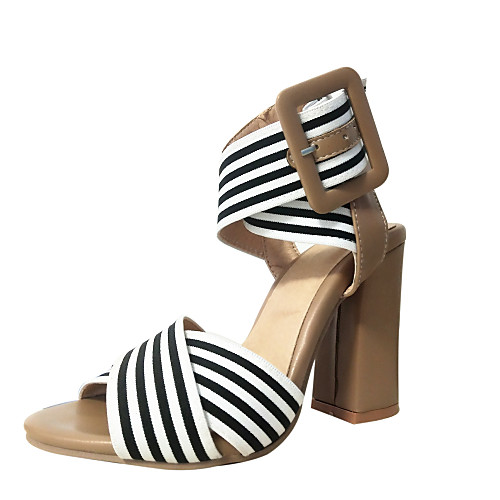 

Women's Sandals 2020 Summer Pumps Peep Toe Daily Office & Career Buckle Striped PU / Elastic Fabric Almond