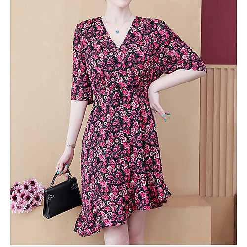 

Women's A Line Dress - Half Sleeve Floral Summer V Neck Street chic 2020 Red Yellow M L XL XXL XXXL XXXXL XXXXXL