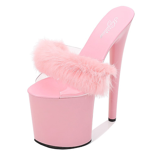 

Women's Sandals Furry Feather Stiletto Heel Round Toe Classic Party & Evening PU Feather Solid Colored Summer White Black Red