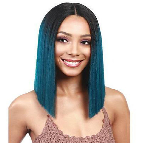 

Synthetic Wig Matte kinky Straight Middle Part Wig Medium Length Azure Synthetic Hair 65 inch Women's Highlighted / Balayage Hair Dark Roots Middle Part Black Blue