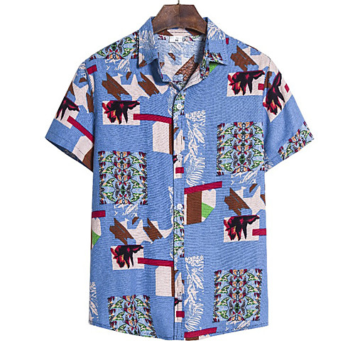 

Men's Tribal Shirt - Cotton Vintage Street chic Holiday Weekend Blue / Short Sleeve
