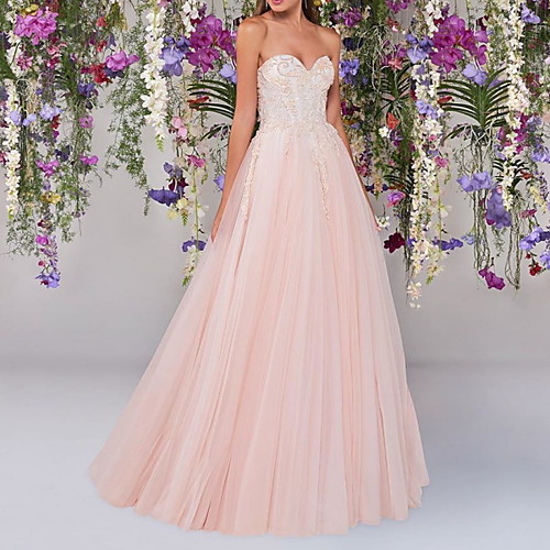 

A-Line Wedding Dresses Strapless Floor Length Lace Tulle Sleeveless Country Wedding Dress in Color with Embroidery Appliques 2020