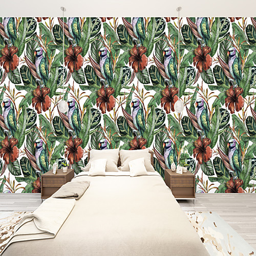 

Custom Self-Adhesive Mural Wallpaper Green Leaves And Red Flowers Are Suitable For Bedroom Living Room Restaurant And Hotel Wall Art Deco / Cartoon / Landscape Home Decoration Modern Wall Covering