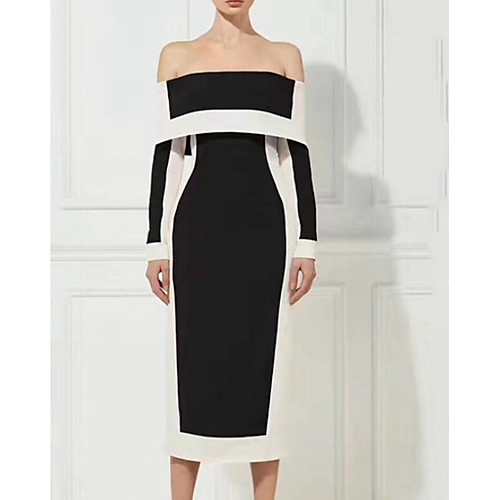 

Sheath / Column Color Block Minimalist Party Wear Cocktail Party Dress Off Shoulder Long Sleeve Tea Length Jersey with Sleek 2020