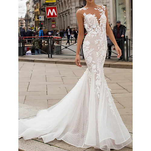 

Mermaid / Trumpet Wedding Dresses Jewel Neck Sweep / Brush Train Lace Tulle Cap Sleeve Vintage Sexy Wedding Dress in Color See-Through Backless with Embroidery Appliques 2020