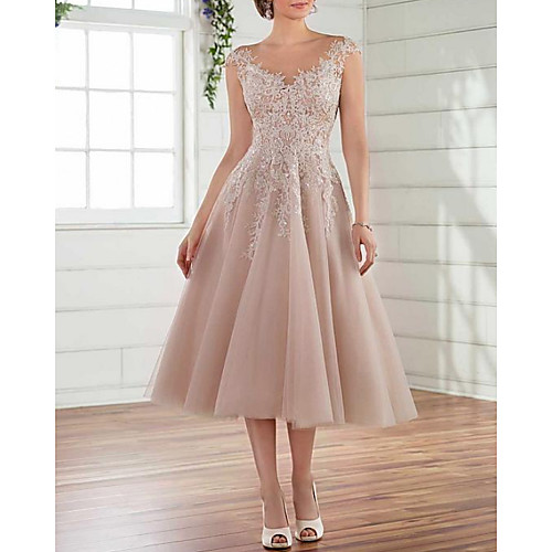 

A-Line Wedding Dresses Jewel Neck Tea Length Lace Tulle Sleeveless Simple See-Through with Embroidery 2020