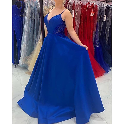 

A-Line Sexy Blue Engagement Prom Dress V Neck Sleeveless Sweep / Brush Train Satin with Sleek 2020