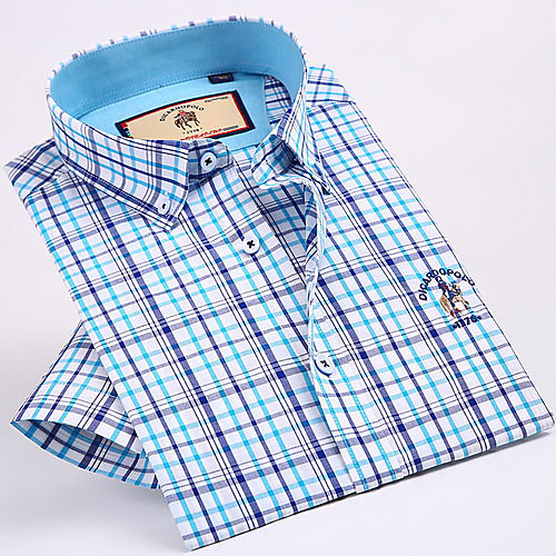 

Men's Plaid Print Shirt - Cotton Daily Button Down Collar Blue / Short Sleeve