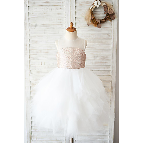 

Ball Gown Knee Length Wedding / Birthday Flower Girl Dresses - Tulle / Sequined Sleeveless Jewel Neck with Tiered