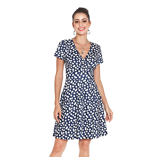 

Women's A-Line Dress Daisy Knee Length Dress - Short Sleeves Floral Zipper Spring Summer V Neck Elegant Vintage Daily Weekend Capped 2020 Navy Blue S M L XL XXL