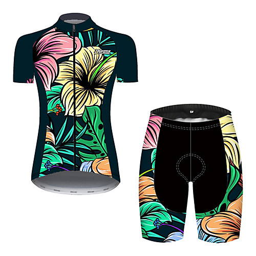 

21Grams Women's Short Sleeve Cycling Jersey with Shorts Black / Green Floral Botanical Bike Clothing Suit Breathable 3D Pad Quick Dry Ultraviolet Resistant Reflective Strips Sports Patterned Mountain