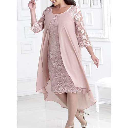 

Sheath / Column Mother of the Bride Dress Elegant Jewel Neck Knee Length Chiffon Lace 3/4 Length Sleeve with Appliques 2020