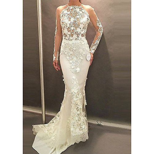 

Mermaid / Trumpet Wedding Dresses Halter Neck Sweep / Brush Train Lace Tulle Chiffon Over Satin Long Sleeve Sexy See-Through with Embroidery 2020