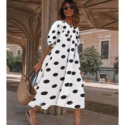 

Women's A Line Dress Midi Dress White Black Navy Blue Light Blue Half Sleeve Polka Dot Summer Round Neck Work Cap Sleeve 2021 S M L XL XXL