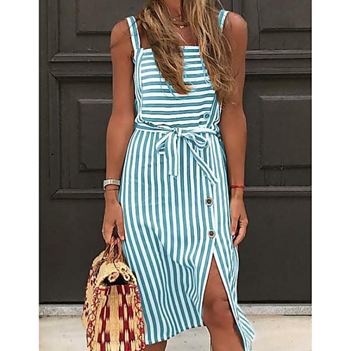 

Women's Sheath Dress - Sleeveless Striped Summer Street chic 2020 White Black Green Brown S M L XL XXL