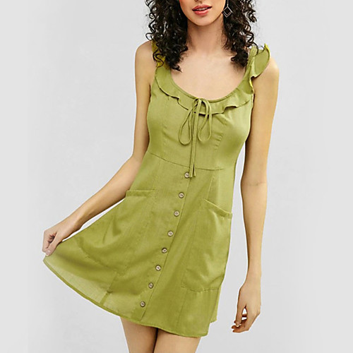 

Women's A Line Dress - Sleeveless Solid Color Backless Ruffle Summer Fall Strap Elegant Street chic Party Beach Belt Not Included 2020 Green S M L XL