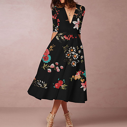 

Women's Shift Dress Midi Dress White Black Half Sleeve Floral Summer V Neck Hot Casual Vintage 2021 S M L XL XXL 3XL