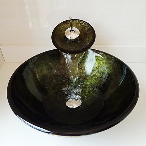 

Round Green Foil Tempered Glass Vessel Sink with Waterfall Faucet Pop - Up Drain and Mounting Ring