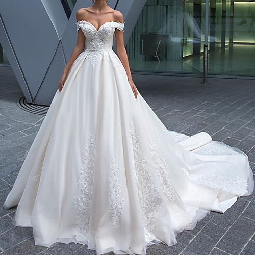 

Ball Gown Wedding Dresses Off Shoulder Court Train Lace Tulle Short Sleeve Formal with Embroidery 2020