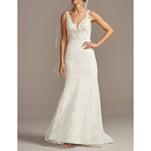 

Mermaid / Trumpet Wedding Dresses V Neck Sweep / Brush Train Lace Tulle Sleeveless Romantic with Appliques 2021