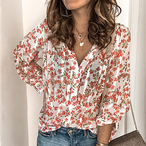 

Women's Floral Shirt Daily Shirt Collar White