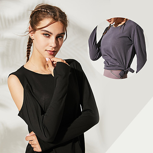 

Women's Yoga Top Cut Out Thumbhole Solid Color Black Brown Cotton Running Fitness Gym Workout Tee / T-shirt Long Sleeve Sport Activewear Breathable Quick Dry Comfortable Stretchy