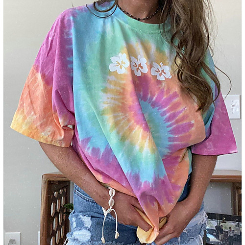 

Women's T-shirt Tie Dye Round Neck Tops Cotton Basic Top Rainbow