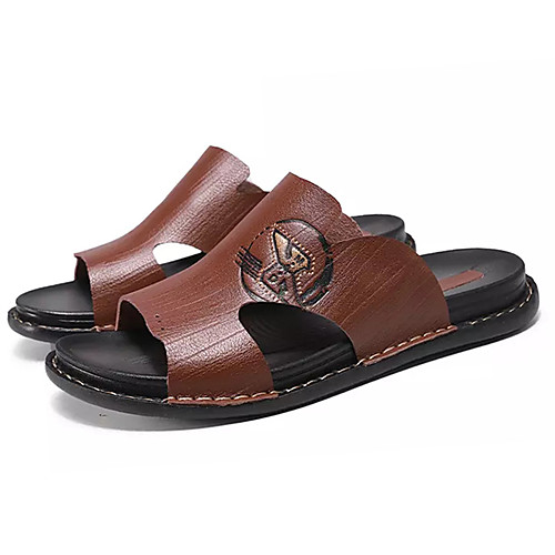 

Men's Summer Casual Daily Slippers & Flip-Flops PU Non-slipping Black / Khaki / Brown