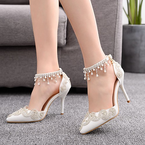 

Women's Wedding Shoes Spring & Summer / Fall & Winter Stiletto Heel Pointed Toe Vintage Sweet Wedding Party & Evening Sparkling Glitter / Buckle / Tassel Solid Colored PU White
