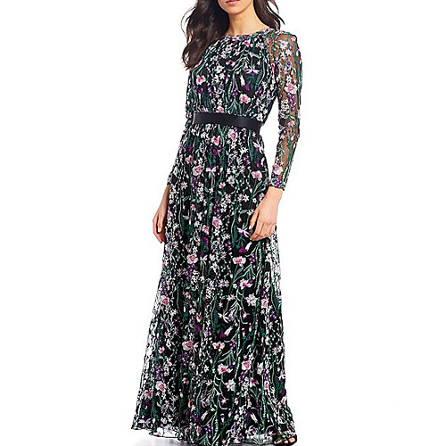 

A-Line Mother of the Bride Dress Elegant Jewel Neck Floor Length Lace Tulle Long Sleeve with Sash / Ribbon Embroidery Flower 2020