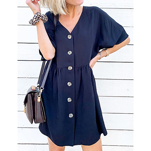 

Women's A Line Dress - Short Sleeves Solid Color Patchwork Summer V Neck Street chic Going out Weekend Flare Cuff Sleeve Belt Not Included Loose 2020 Navy Blue S M L XL / Cotton