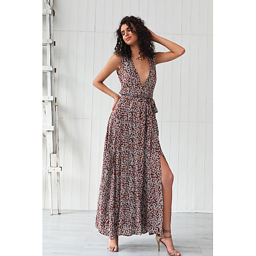 

Women's Swing Dress Maxi long Dress - Sleeveless Floral Bow Split Summer Mumu Holiday Going out 2020 Brown S M L XL