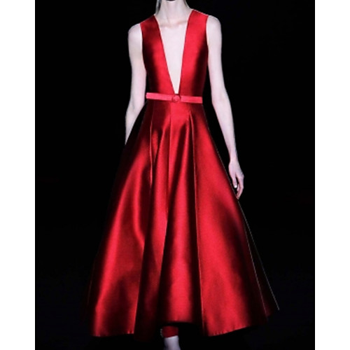 

A-Line Elegant Red Wedding Guest Prom Dress V Neck Sleeveless Ankle Length Satin with Sash / Ribbon Pleats 2020