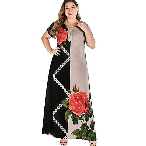 

Women's A-Line Dress Maxi long Dress - Short Sleeves Print Summer Casual Mumu 2020 Black L XL XXL XXXL