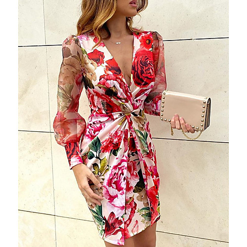 

Women's Sheath Dress - Long Sleeve Floral Spring Summer Elegant Sexy 2020 Yellow Fuchsia Rainbow S M L XL