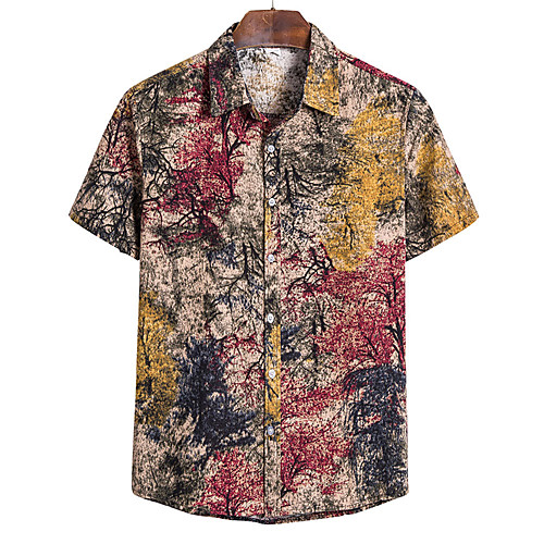 

Men's Plus Size Floral Tribal Shirt - Cotton Vintage Street chic Holiday Beach Red / Green / Short Sleeve