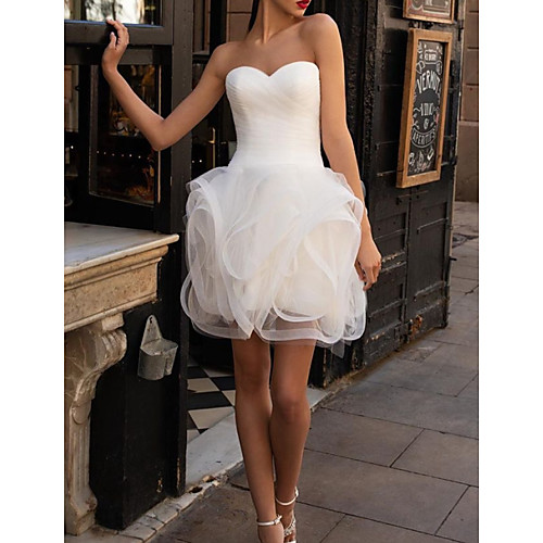 

Ball Gown Wedding Dresses Sweetheart Neckline Short / Mini Satin Tulle Sleeveless Sexy Little White Dress with Ruched Ruffles 2020