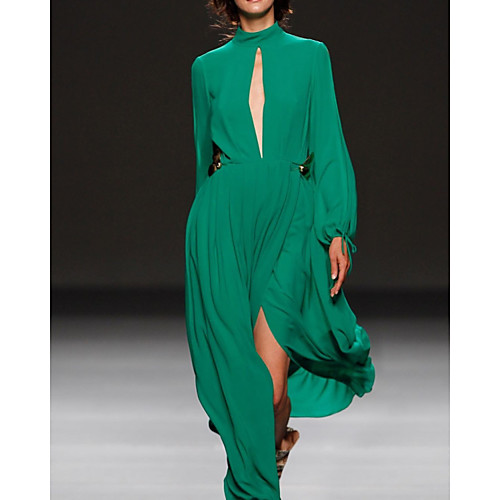 

A-Line Elegant Green Party Wear Prom Dress High Neck Long Sleeve Floor Length Chiffon with Pleats Split 2020