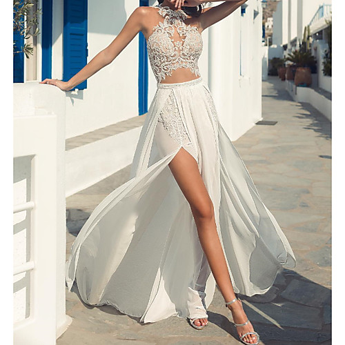

A-Line Wedding Dresses Halter Neck Court Train Lace Chiffon Over Satin Sleeveless Beach Boho Sexy See-Through with Embroidery Split Front 2020