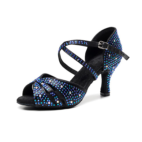 

Women's Latin Shoes Heel Glitter Crystals Flared Heel Black / Blue Cross Strap