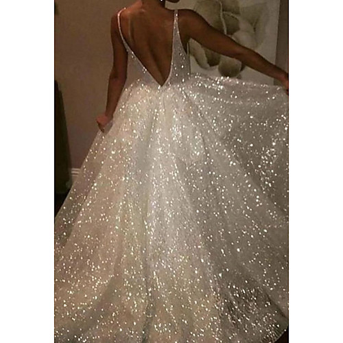 

A-Line Wedding Dresses V Neck Sweep / Brush Train Tulle Sequined Sleeveless Sexy Sparkle & Shine with 2020