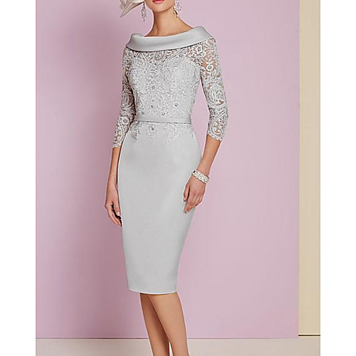 

Sheath / Column Mother of the Bride Dress Elegant Cowl Neck Knee Length Lace Satin 3/4 Length Sleeve with Sash / Ribbon Embroidery 2020
