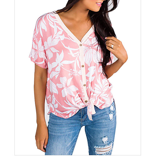 

Women's Floral Sun Flower Print Knotted Loose T-shirt Basic Daily Weekend V Neck Blue / Blushing Pink