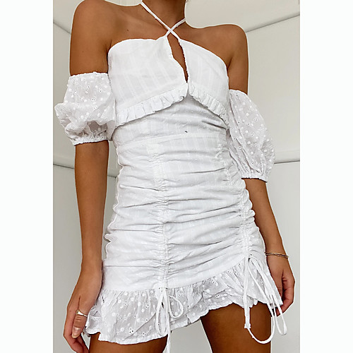 

Women's Sundress Short Mini Dress - Short Sleeves Solid Color Ruched Print Summer Elegant Sexy Beach 2020 White S M L