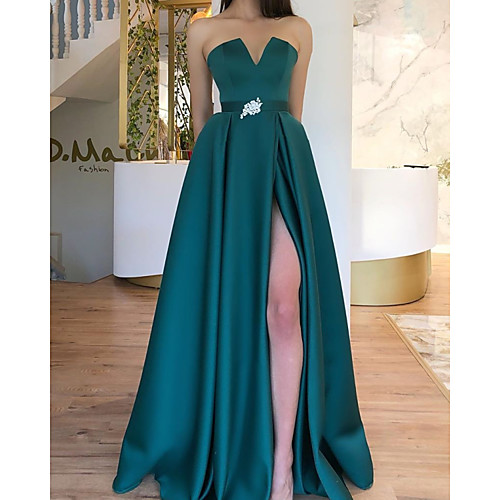 

A-Line Elegant Engagement Formal Evening Dress Strapless Sleeveless Floor Length Satin with Sash / Ribbon Pleats Split 2021