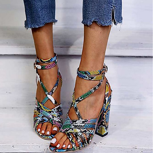 

Women's Sandals Summer Block Heel Round Toe Daily PU Rainbow