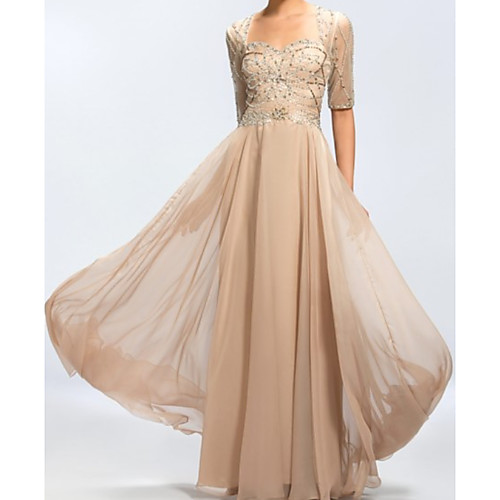 

A-Line Mother of the Bride Dress Elegant Sweetheart Neckline Floor Length Chiffon Lace Half Sleeve with Pleats Beading 2020