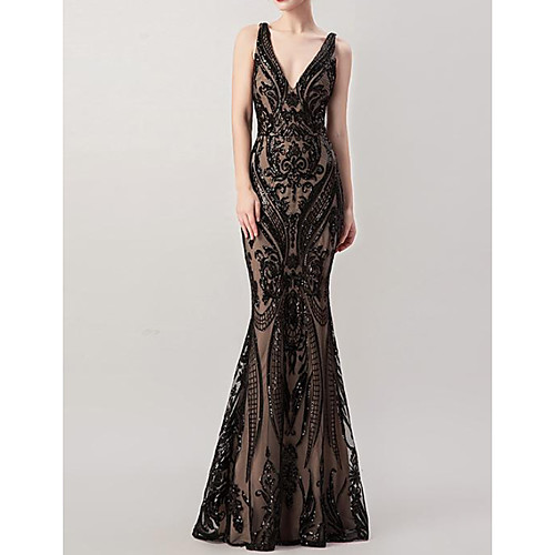 

Mermaid / Trumpet Beautiful Back Sexy Engagement Formal Evening Dress V Neck Sleeveless Floor Length Lace Tulle with Sash / Ribbon Sequin 2021
